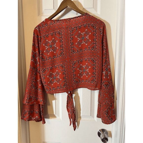 Altar'd State Top Size S boho festival bell sleeve ruffles geometric orange red - Picture 4 of 6